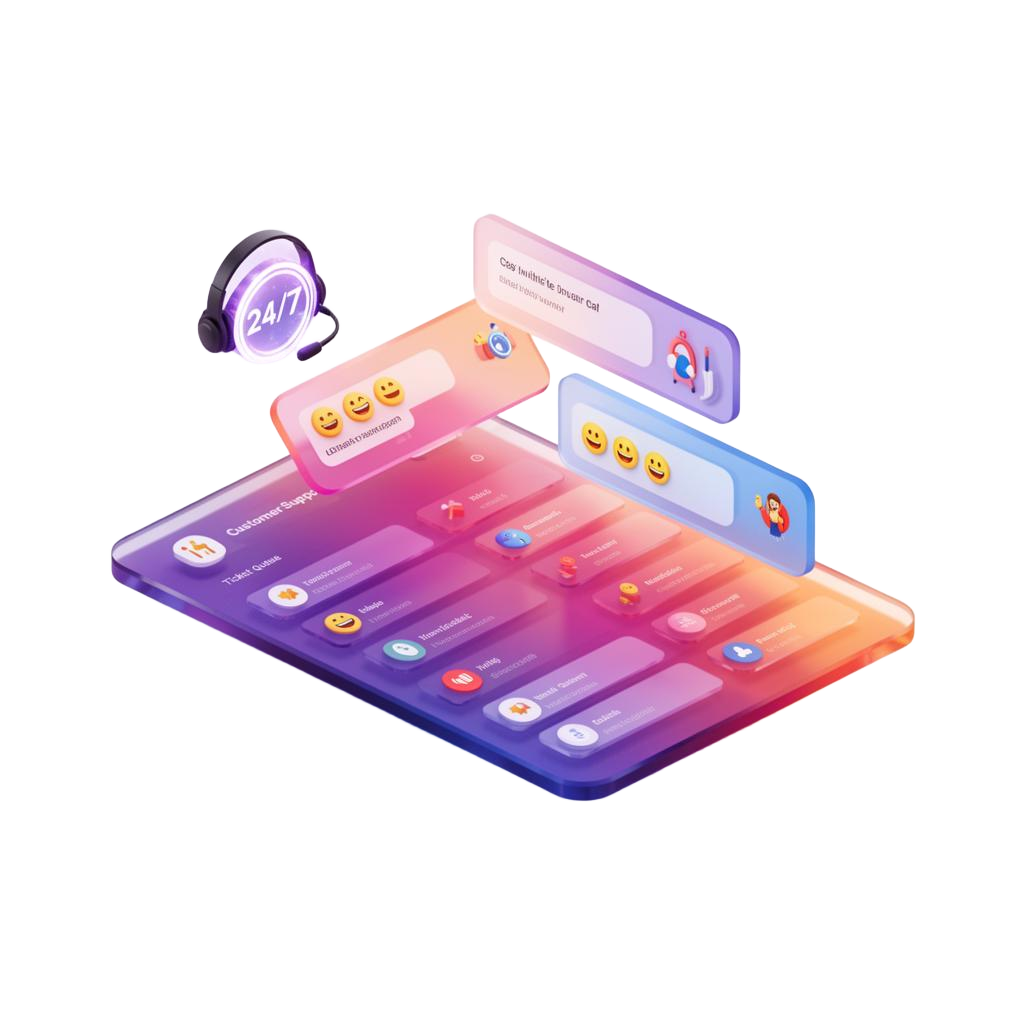 InfoDex Media AI customer support 3D section visual with support dashboard and chat panels