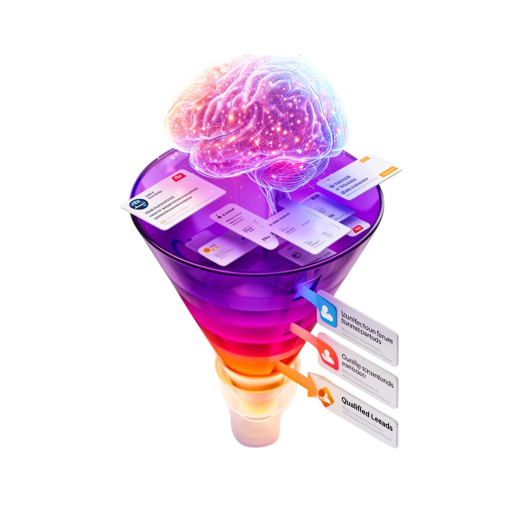 InfoDex Media AI lead generation 3D section visual with smart qualification funnel
