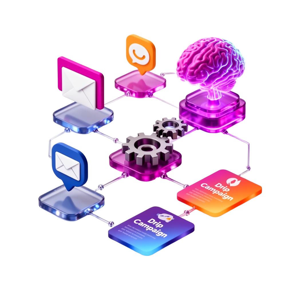 InfoDex Media AI marketing automation 3D section visual with connected workflow engine