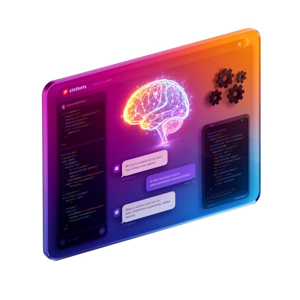 InfoDex Media custom chatbot development 3D section visual with custom AI bot interface