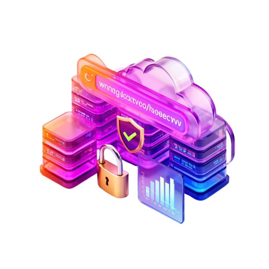 InfoDex Media domain and web hosting 3D section visual with cloud servers and security