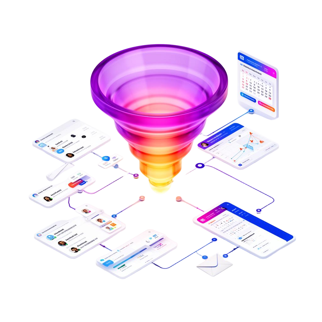 InfoDex Media Go High Level expert 3D section visual with CRM funnel automation dashboard