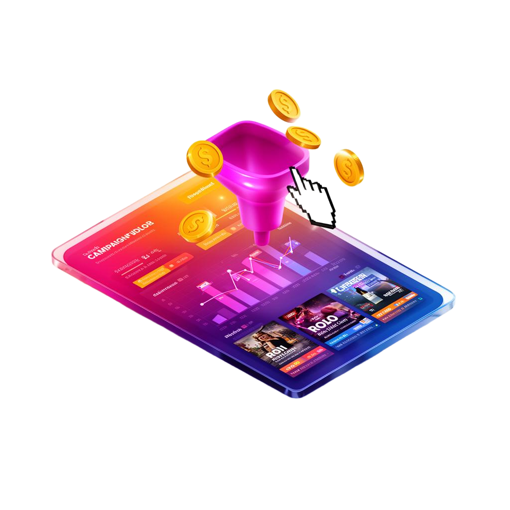 InfoDex Media Google PPC 3D section visual with conversion dashboard and ad performance
