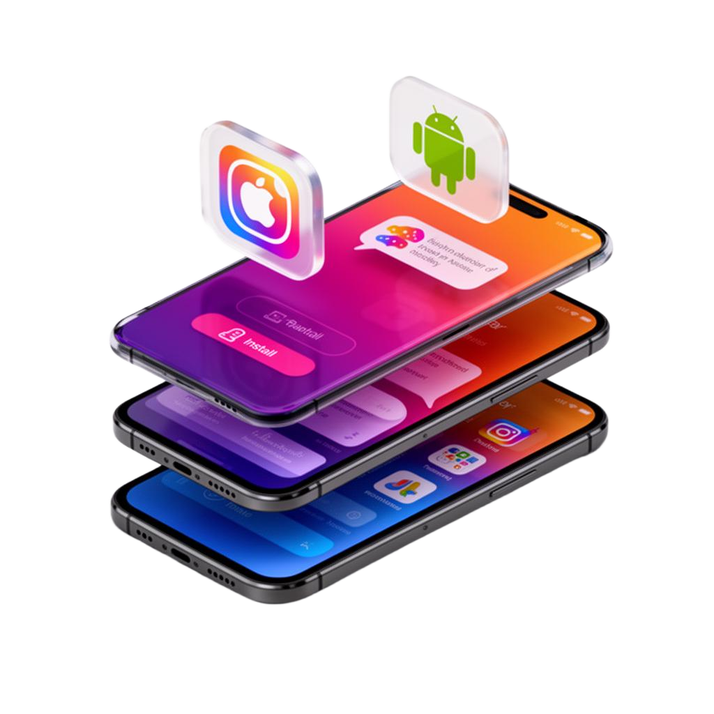 InfoDex Media mobile app development 3D section visual with app interface screens