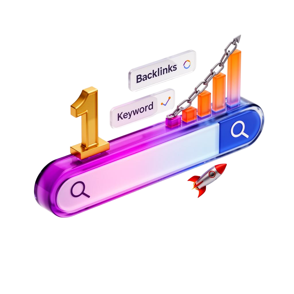 InfoDex Media SEO optimization 3D section visual with ranking and keyword performance
