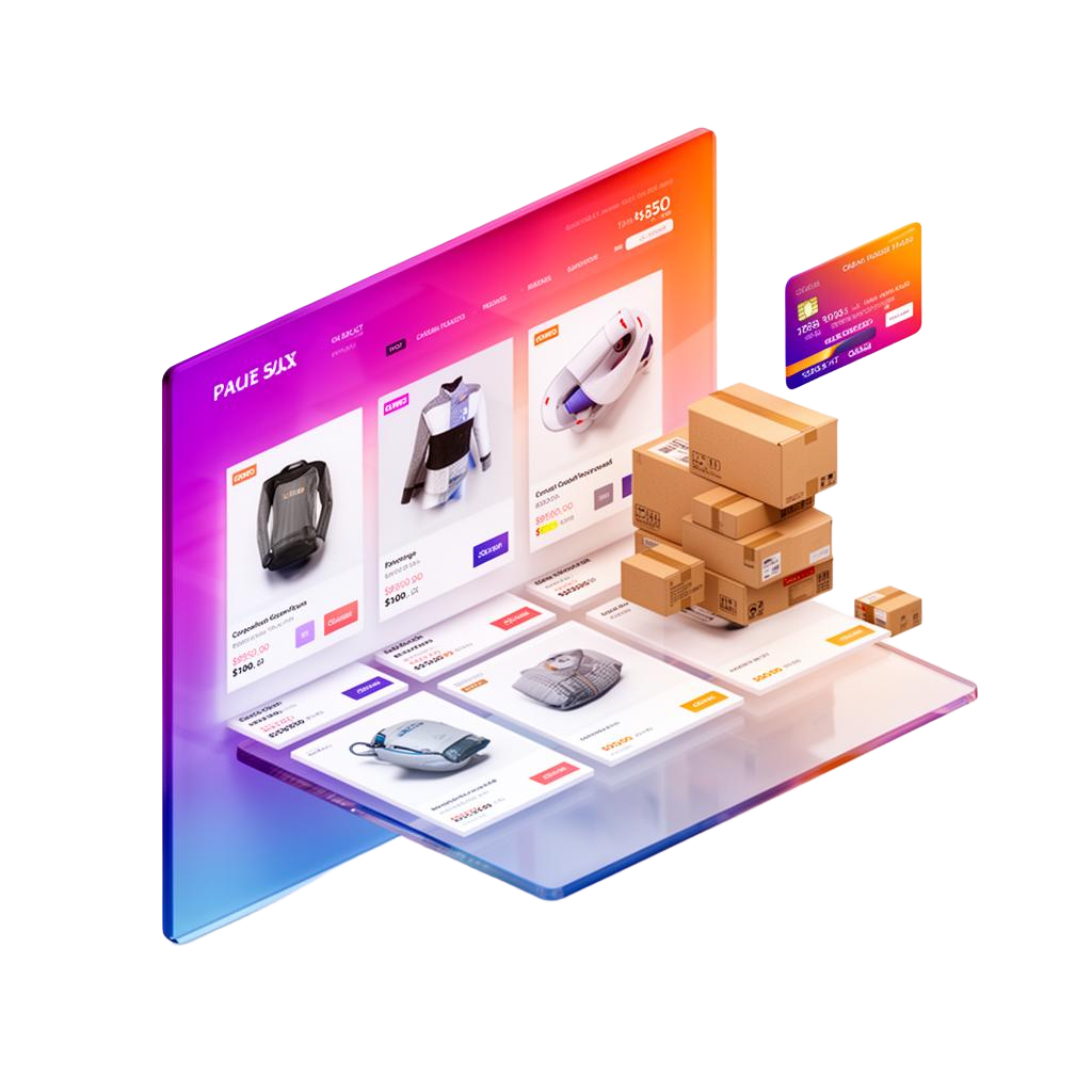 InfoDex Media Shopify experts 3D section visual with ecommerce storefront and checkout