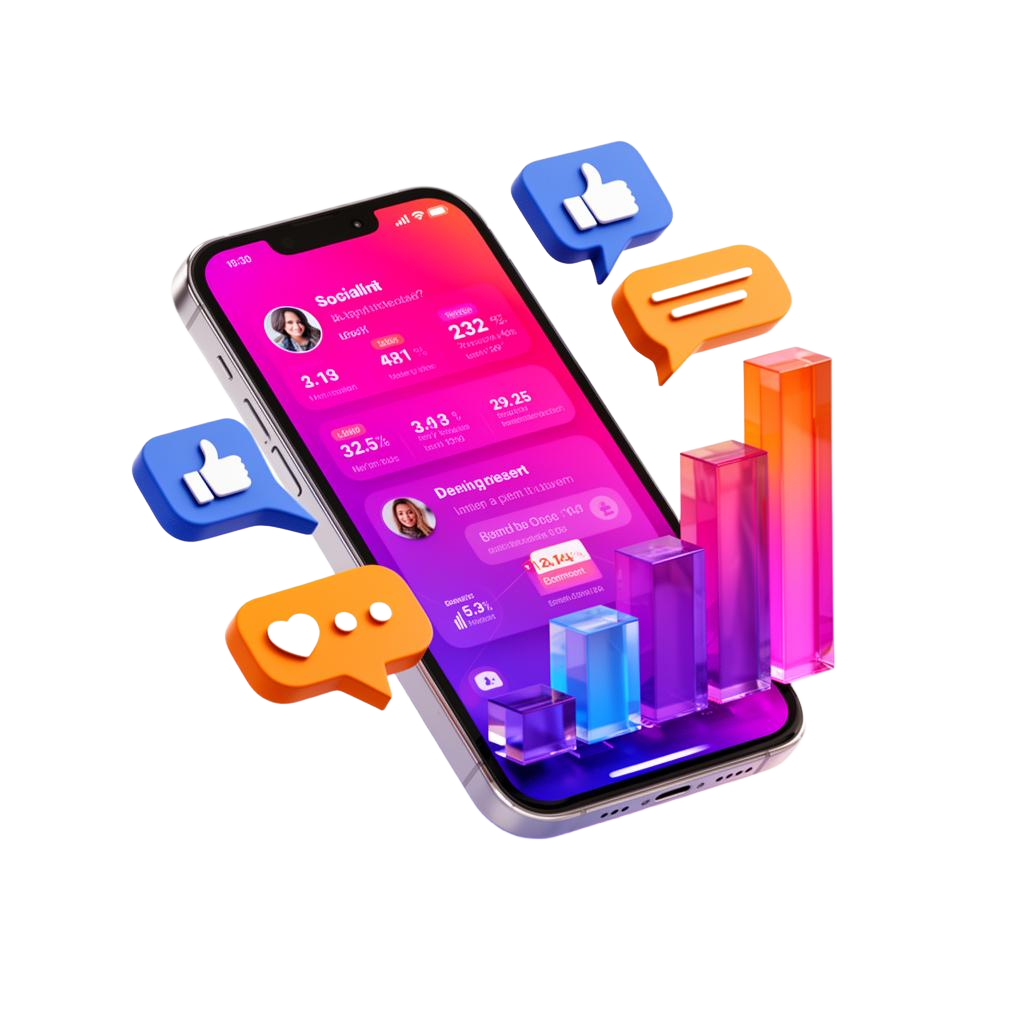 InfoDex Media social media marketing 3D section visual with engagement growth dashboard
