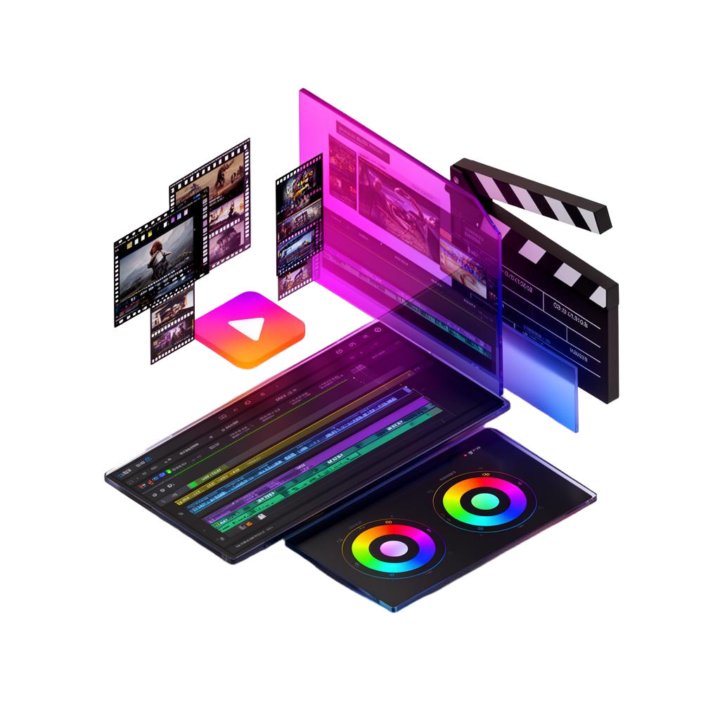 InfoDex Media video editing 3D section visual with timeline and color grading tools