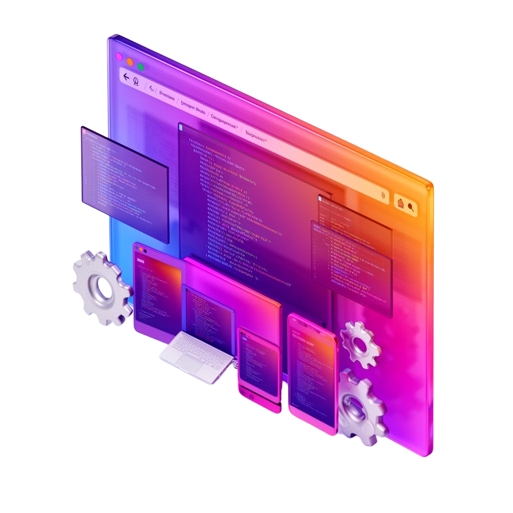 InfoDex Media web development 3D section visual with responsive website interface